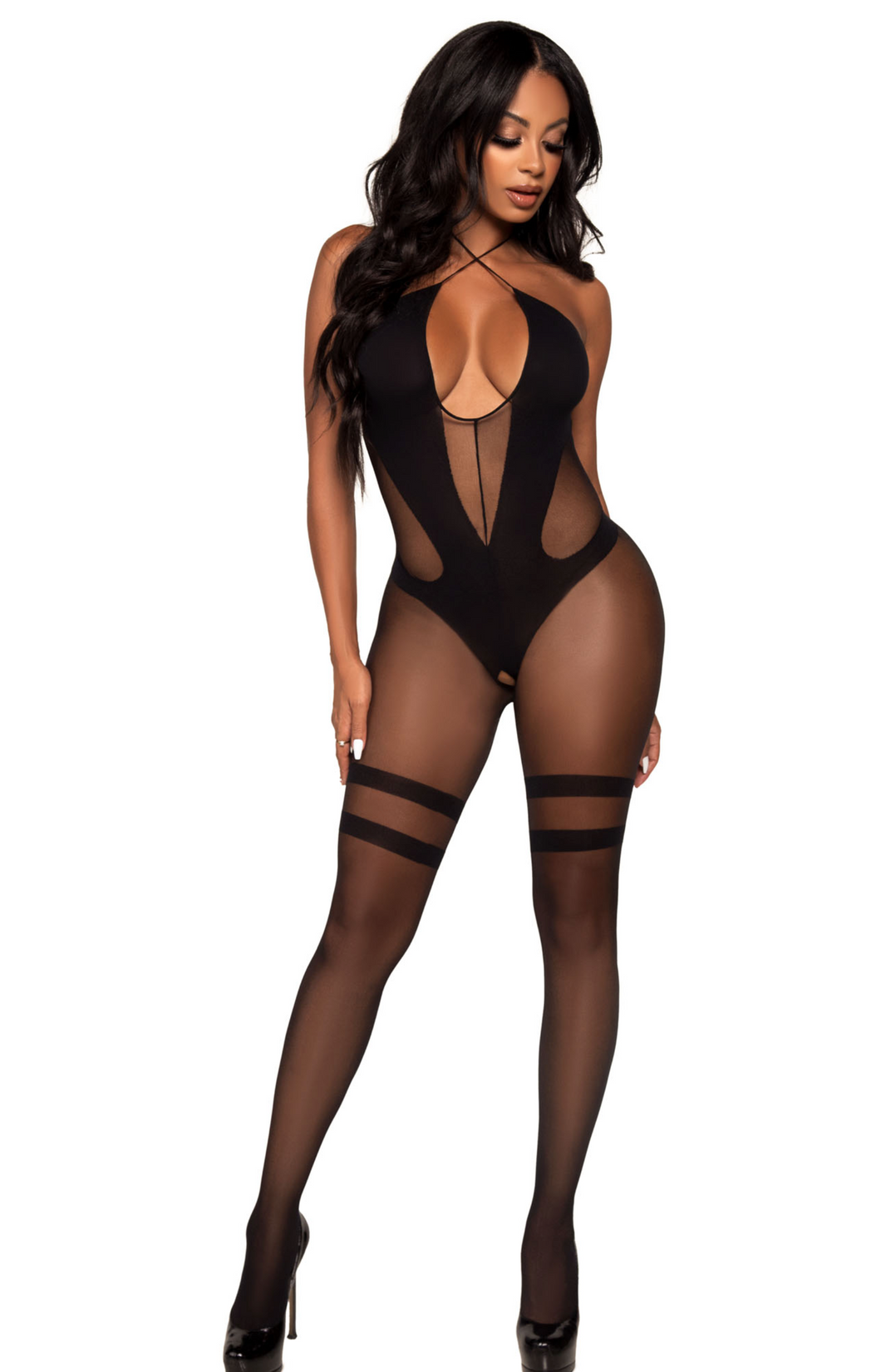 Opaque and Sheer Keyhole Twist Halter Bodystocking.